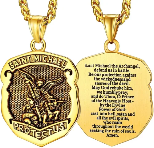 Miniatura 14 de FaithHeart Collar de San Miguel, acero inoxidable, chapado en oro de 18 quilates, amuleto colgante de San Miguel Arcángel para hombres y mujeres
