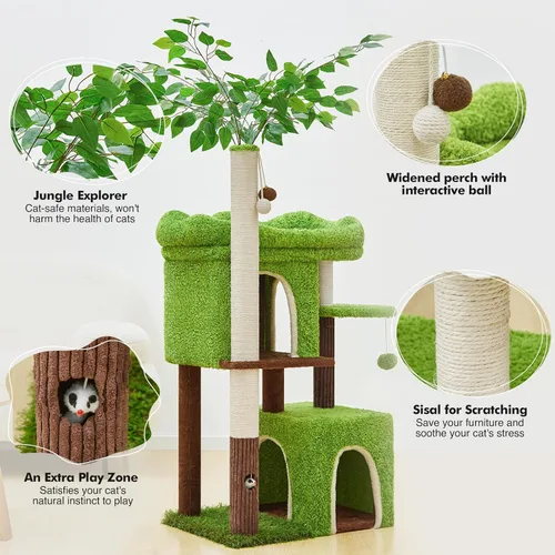 Miniatura 4 de Woochpet Árbol para gatos de 60 pulgadas con poste rascador para gatos en forma de árbol con 2 casas grandes para gatos y cama de percha superior
