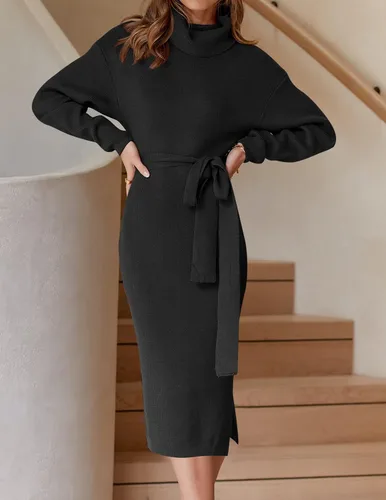 Miniatura 43 de ZESICA - Vestido por debajo de la rodilla de suéter, de cuello alto, para mujer, de manga larga, de punto acanalado, con abertura y cinturón