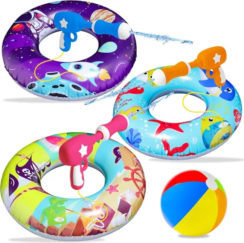 Miniatura 7 de FindUWill Flotadores de piscina con pistolas de agua para niños, tubos inflables de natación para piscina con pelota de playa, flotadores de piscina