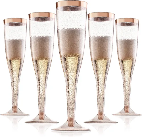 Miniatura 10 de 36 copas de champán de plástico, vasos de plástico de 6.5 onzas, borde dorado y purpurina dorada, decoración de brunch, flautas de plástico