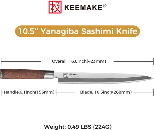 Miniatura 2 de KEEMAKE Sashimi - Cuchillo japonés para sushi de 10.5 pulgadas, cuchillo Yanagiba japonés VG10 de acero inoxidable, hoja biselada única, mango