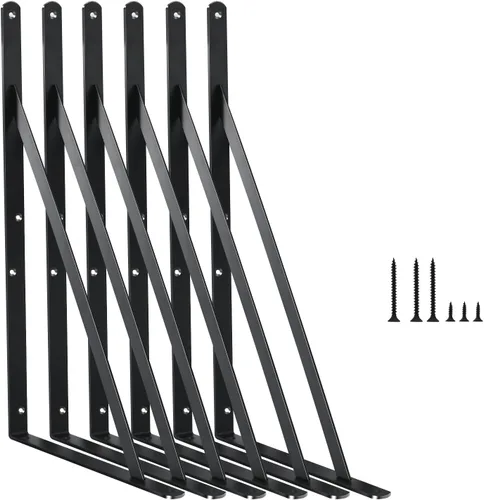 Miniatura 25 de Paquete de 16 soportes de estante resistentes negros de 20 pulgadas de largo x 12 pulgadas de alto con tornillos, soportes de estante de metal