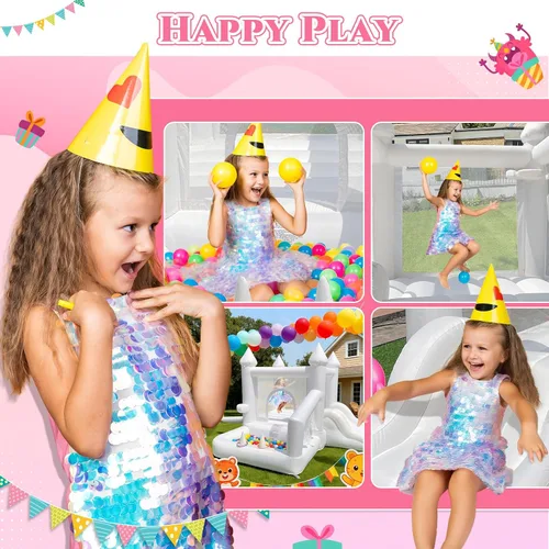 Miniatura 4 de Casa de rebote blanca, casa inflable para niños de 3 a 6 años con piscina de bolas y tobogán, castillo inflable para fiestas de cumpleaños, bodas