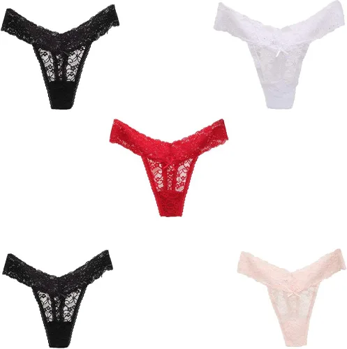 Miniatura 2 de Tangas de encaje sexy para mujer ropa interior descarada en V paquete de 5