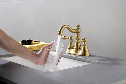 Miniatura 9 de Grifo de baño con dos asas de oro cepillado de 3 agujeros con desagüe emergente de plástico con rebosadero, grifo giratorio para lavabo de baño de 4