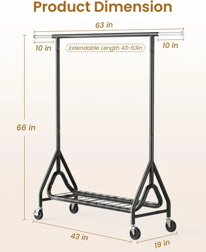 Miniatura 7 de Perchero de Ropa Resistente, Perchero de Ropa de Metal con Capacidad de 450 Libras, Percheros Rodantes para Colgar Ropa con Ruedas Bloqueables