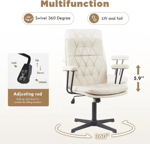 Miniatura 4 de Silla de escritorio sin ruedas, silla giratoria de oficina en casa con patas cruzadas Sillón de acento sólido blanco crema