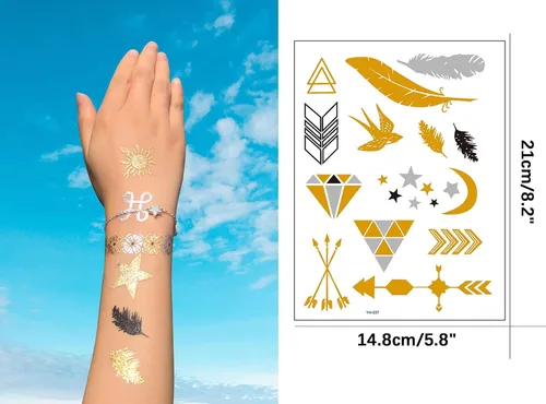 Miniatura 4 de Aresvns Tatuaje dorado metálico de 32 hojas, más de 340 tatuajes temporales flash para mujeres, adolescentes, niñas, niños, tatuajes de henna flash