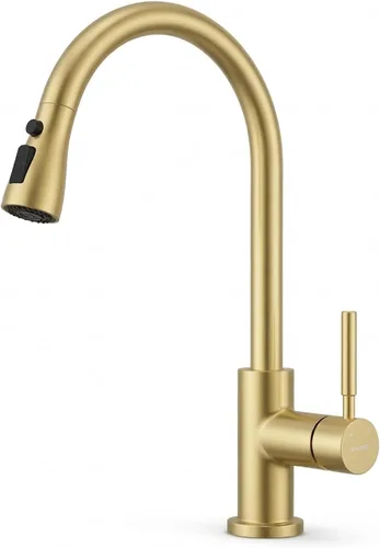 Miniatura 14 de WEWE Grifos de cocina con pulverizador desplegable, grifo de cocina de estilo granja en bronce cepillado con aceite, comercial, moderno, de arco