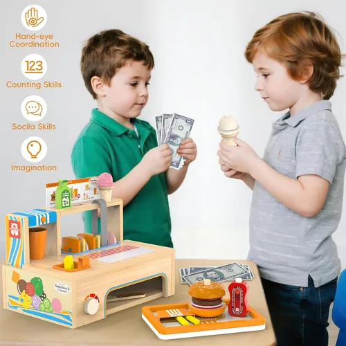Miniatura 8 de Juegos de comida plegables de madera para jugar, contador de sándwiches con almacenamiento, 56 piezas de juguete de cocina de juego de simulación