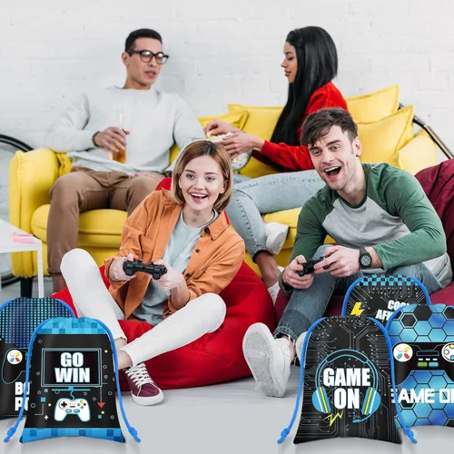 Miniatura 5 de Faccito 24 bolsas de videojuegos para juegos de fiesta de cumpleaños con cordón para decoración de fiesta de cumpleaños (azul)