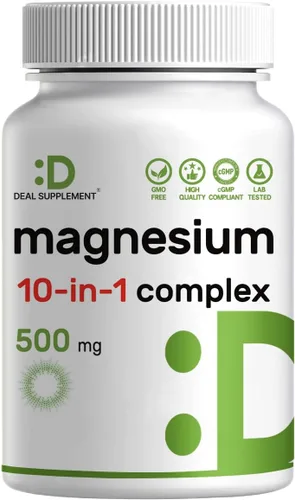 Complejo de magnesio de 500 mg, 240 cápsulas vegetales – 10 en 1 glicinato, citrato, malato, óxido y más – 100% quelado para una fácil absorción –