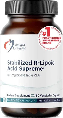 Designs for Health Ácido R-lipoico estabilizado Supreme - Suplemento RLA de 100 mg con taurina - Sin OMG, sin gluten (60 cápsulas)
