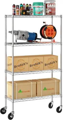 Furinno Wayar - Carrito de almacenamiento de metal de 4 niveles con ruedas, 36 x 14 x 58 pulgadas, acero inoxidable