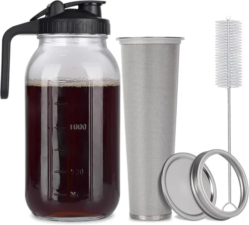 Cafetera helada en tarro de cerveza fría, vidrio duradero, 64 onzas (2 cuartos de galón/1.9 litros), con asa y filtro de acero inoxidable para café