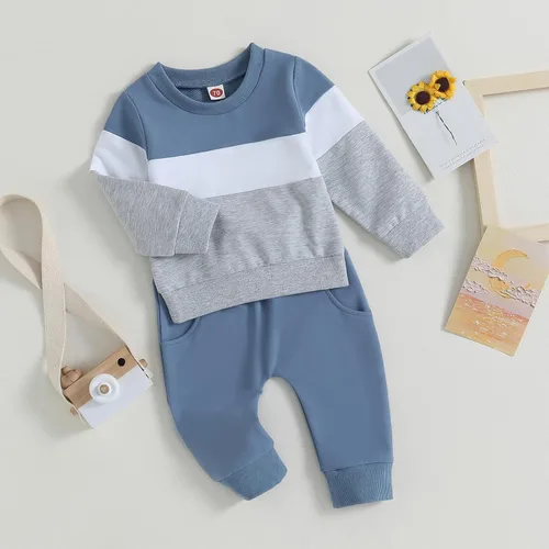 Miniatura 2 de BeQeuewll Ropa para bebé niño de otoño e invierno, 2 piezas, bloque de color, sudadera y pantalones con cuello redondo