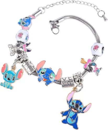 HTPARY Stitch Bracelet Charm Bracelets DIY Cartoon Jewellery, Zinc Alloy Stitch Gift for Girls Daughter Women