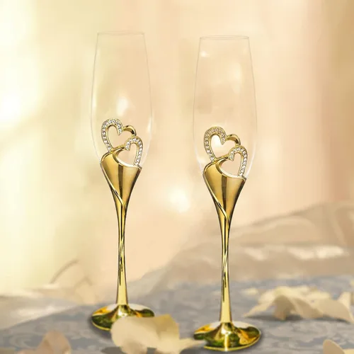 Miniatura 9 de Juego de copas de champán para boda, copas de flauta de tostado dorado, paquete de 2 con diamantes de imitación, decoración de corazones para bodas