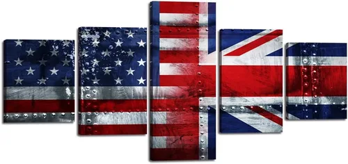 Miniatura 49 de Arte de pared de concepto patriótico, pintura de bandera estadounidense y británica, lienzo de estrellas y rayas, 5 paneles, arte moderno americano