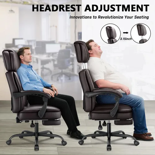 Miniatura 4 de Silla de oficina ejecutiva de 400 libras con reposapiés para personas pesadas, silla de escritorio ergonómica grande y alta con reposacabezas Marrón