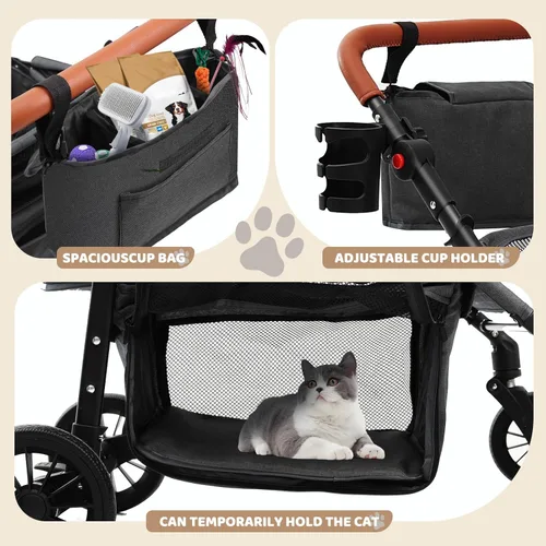 Miniatura 6 de Cochecito de perro para mascotas pequeñas, transportador de 4 ruedas todo terreno para gatos y perros con ruedas delanteras de 360°, mango ajustable