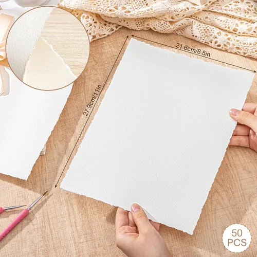 Miniatura 2 de 50 hojas de papel de acuarela de 8.5 x 11 pulgadas, papel rugoso / texturizado hecho a mano de 5.64 oz/m² con bordes deckled para invitaciones