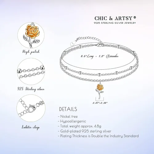 Miniatura 126 de CHIC & ARTSY Tobilleras delicadas de plata de ley S925 para verano, pulsera de tobillo ajustable multicapa para playa, joyería de pie para mujer