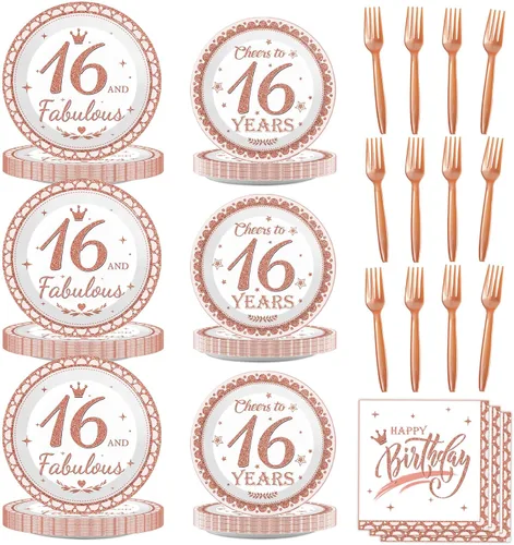 Platos y servilletas para fiesta de cumpleaños número 16, 96 piezas, suministros de decoración de fiesta de cumpleaños de 16 años, suministros de