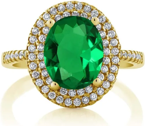 Miniatura 3 de Gem Stone King Anillo de esmeralda simulada de plata chapada en oro amarillo de 18 quilates para mujer