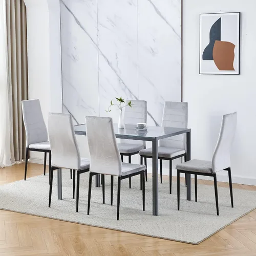Miniatura 13 de Juego de 4 mesas de comedor y sillas negras modernas de 5 piezas para cocina pequeña, mesa rectangular de vidrio templado y 4 sillas de terciopelo