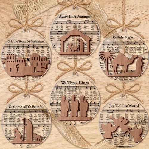 CroBlissful Paquete de 24 Adornos de Escena de la Natividad Navideña Regalos a Granel de Madera Transparente Historia de la Natividad Música Adornos