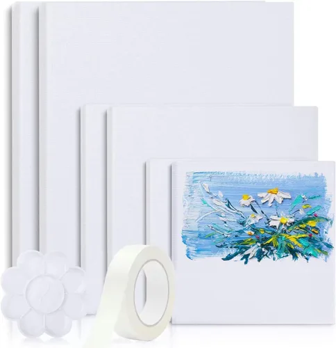 Lienzos para pintura, 40 x 30, 30 x 20, 20 x 15, 8 unidades, lienzos blancos estirados con paletas de bandeja de pintura de pétalos y cinta, lienzos