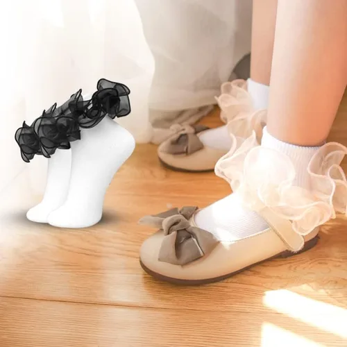 Miniatura 3 de 2 pares de calcetines con volantes de encaje doble para niñas, calcetines de encaje blanco princesa para niñas pequeñas