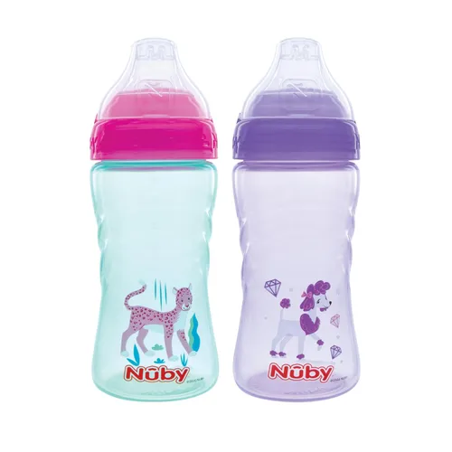 Nuby Paquete de 2 Vasos Deportivos Sin Derrames Impresos Thirsty Kids No-Spill Sip-it con Boquilla Suave y Tapa - 12 oz, 12+ Meses, Paquete de 2,