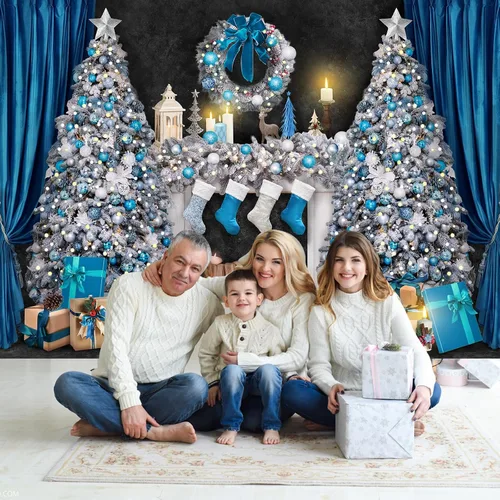 Miniatura 6 de Avezano Telón de fondo para chimenea de Navidad, cajas de regalo de juguetes, fondo de árbol de Navidad para fotografía, vintage, azul y blanco