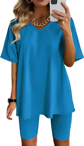 AGSEEM Conjunto de dos piezas para mujer, camiseta de verano con cuello en V, pantalones cortos de ciclista, pantalones cortos de entrenamiento,