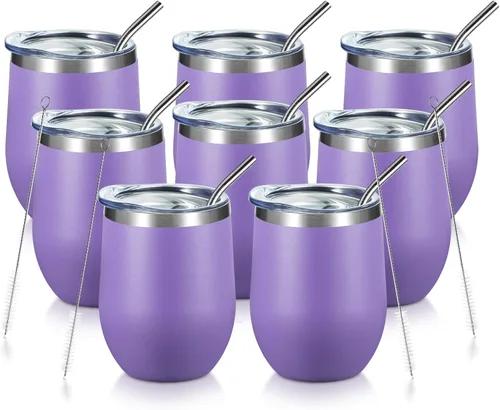 Miniatura 37 de COMOOO Vaso de vino aislado de 12 onzas con tapa, vaso de vino de acero inoxidable sin tallo, vaso de vino de doble pared al vacío con pajita, café