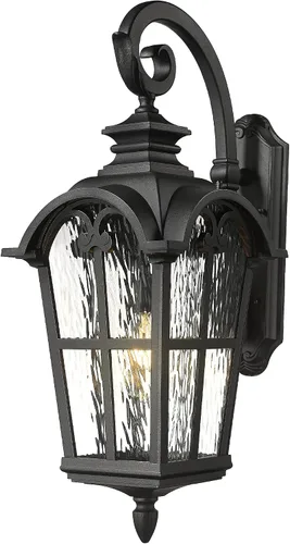Miniatura 11 de Emliviar Aplique de Pared Vintage para Exteriores con Vidrio de Ondas de Agua, Linterna de Pared para Porche Delantero de 17.5", Acabado Negro