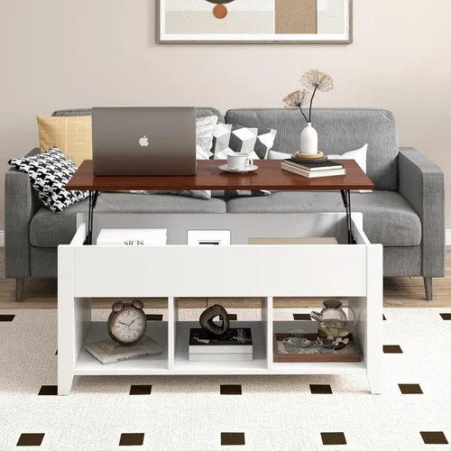 Miniatura 2 de Mesa auxiliar elevable, mesa de té moderna 2 en 1 con compartimento de almacenamiento oculto y 3 estantes de almacenamiento abiertos, mesa central