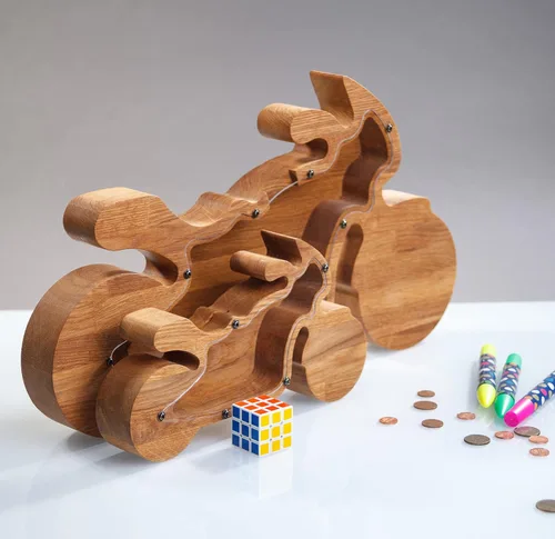 Miniatura 7 de Hucha de madera para motocicleta, bicicleta de madera Montessori, para adultos, niños, niñas, banco de monedas, regalo inspirador, caja de dinero