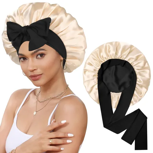 Miniatura 9 de Gorro de satén de seda para dormir, gorro de seda de doble capa con banda elástica para cabello rizado Negro+marrón