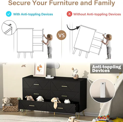Miniatura 6 de JOZZBY Cómoda para dormitorio, cómoda de madera negra de 6 cajones con asas doradas, cómodas de almacenamiento modernas y cómodas para pasillo