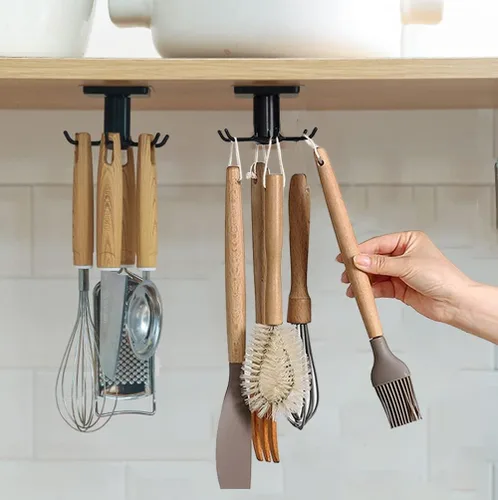 2 ganchos para utensilios de cocina para debajo del gabinete, rotación de 360°, sin perforaciones, adhesivos, estante para colgar herramientas, Negro