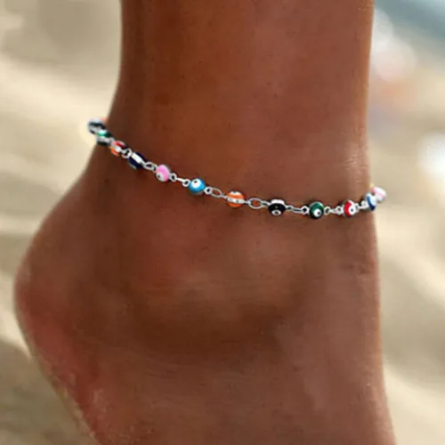 Miniatura 2 de Tobillera de ojo malvado de plata con cuentas de mal de ojo, joyería de pie de moda para la playa para mujer, Plata
