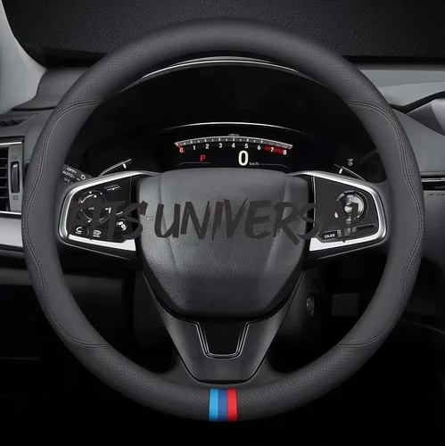 Miniatura 60 de Funda de cuero para volante de automóvil, transpirable, perforada con láser, líneas dobles negras puras, textura premium, 14.5-15 pulgadas
