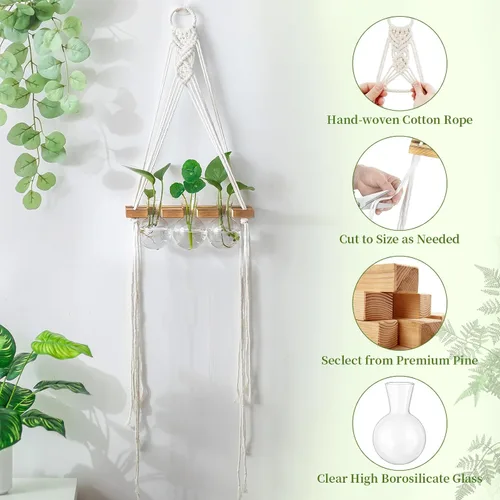 Miniatura 4 de Glasseam Estaciones de propagación de macramé colgantes: jarrones de propagación de vidrio para ventanas de pared para plantas hidropónicas