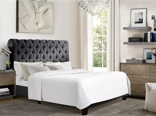 Miniatura 12 de Rosevera Atherine - Marco de cama tapizado de tela con cabecera ajustable, estilo Chesterfield, cabeza enrollada, soporte de listones de madera
