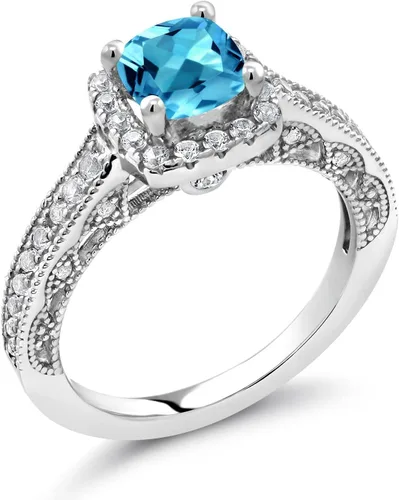 Miniatura 33 de Gem Stone King Anillo de compromiso de plata de ley 925 de 0.236 in con piedra natal y zafiro blanco creado con acento Anillo de compromiso