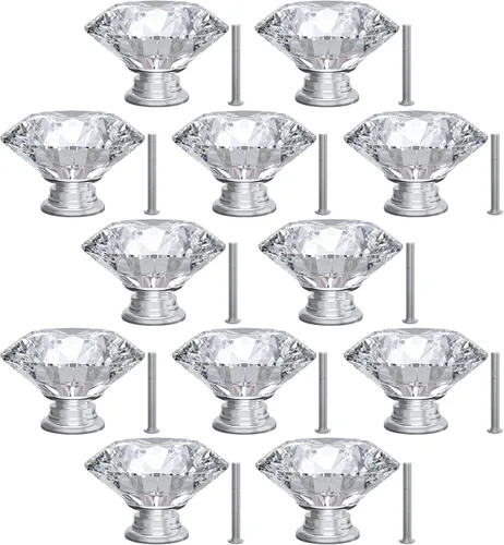 Miniatura 13 de Tomorotec Elegantes tiradores de cristal en forma de diamante para cajones, juego de 12 con base dorada y tornillos, 1.2 pulgadas, ideal